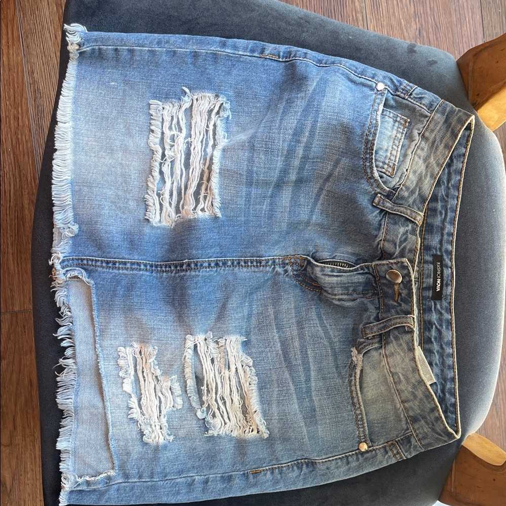 Fashion Nova Distressed Denim Midi Skirt - Blue